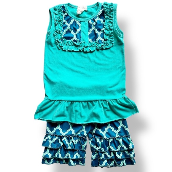 Honeydew Girl’s 2-Piece Turquoise Print Ruffle Outfit 6 7 sleeveless shorts - Picture 1 of 12